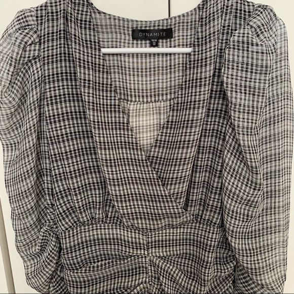 Dynamite Puff Sleeve Ruched Checkered Plaid Mini Dress XS - Picture 7 of 9